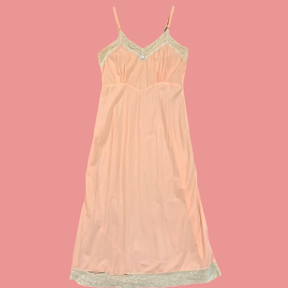 Vintage Slip Dress Women 34 Pink Lace Trim Midi Adjustable Strap Lingerie Dress